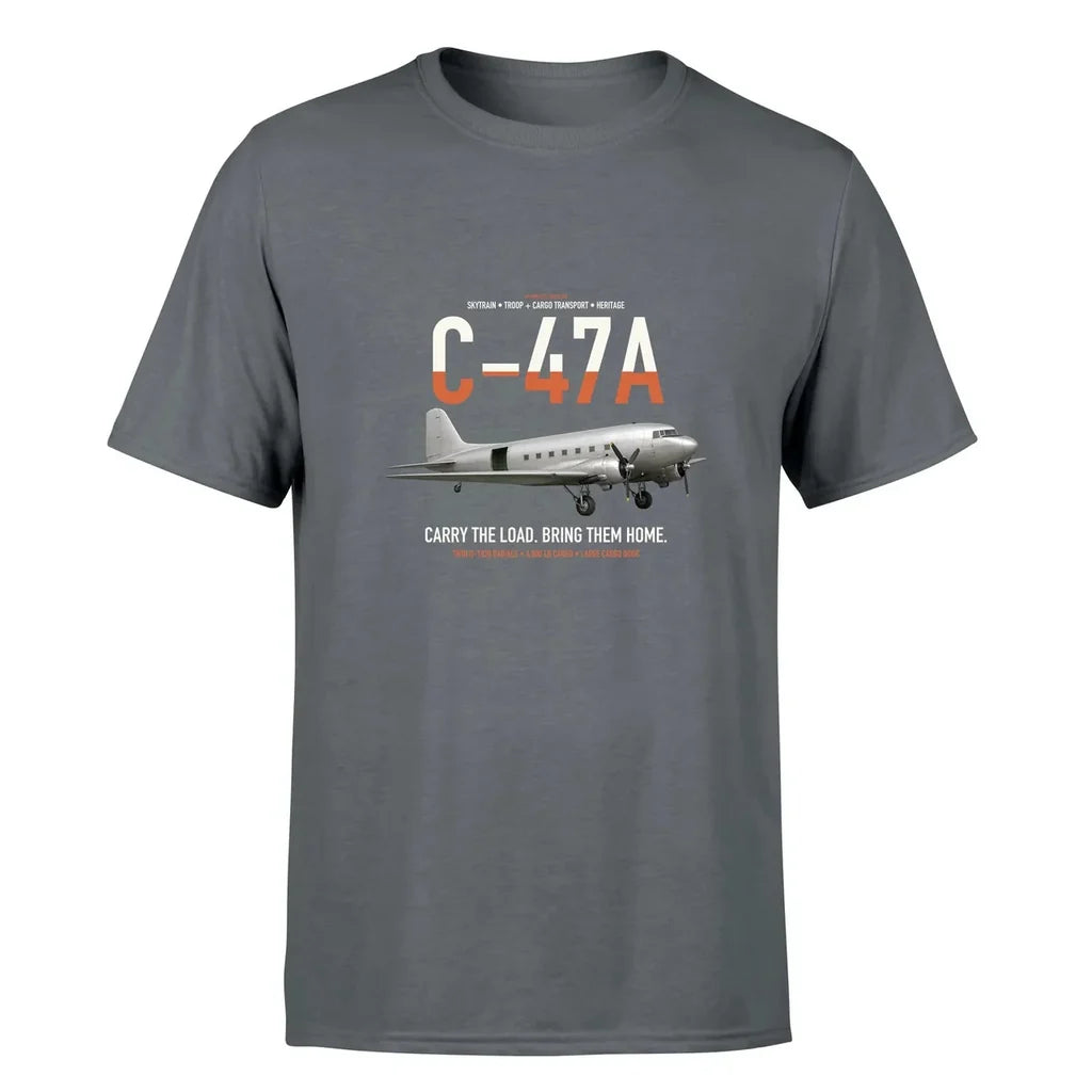 C-47A Skytrain design on gray double-side t-shirt, single-side print