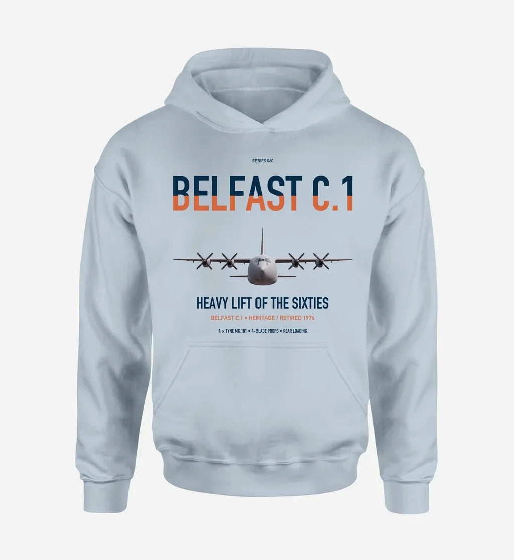 Short Belfast C.1 design on light blue double-side hoodie, single-side print