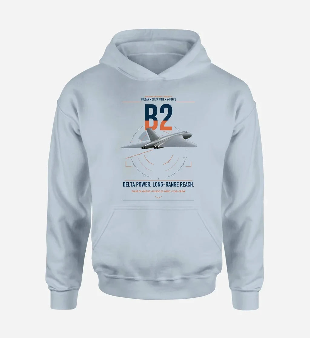Avro Vulcan B2 design on light blue double-side hoodie, single-side print