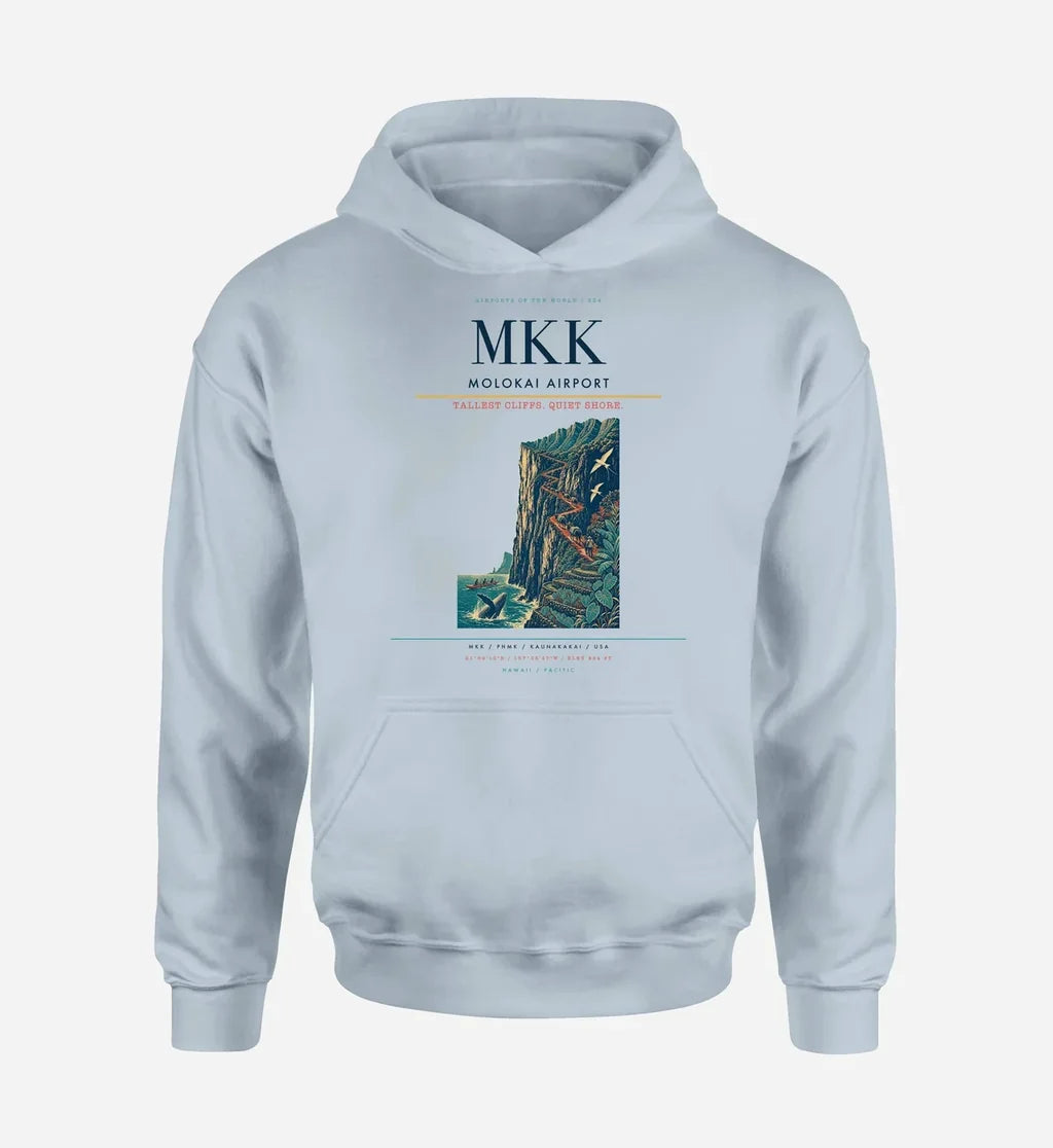 Molokai Airport (MKK) design on light blue hoodie single-side print