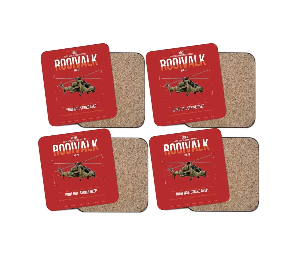 Denel Rooivalk Mk 1F design on red 4 pieces set coaster