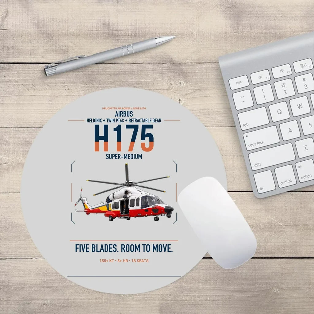 Airbus H175 design on light gray round mouse pad
