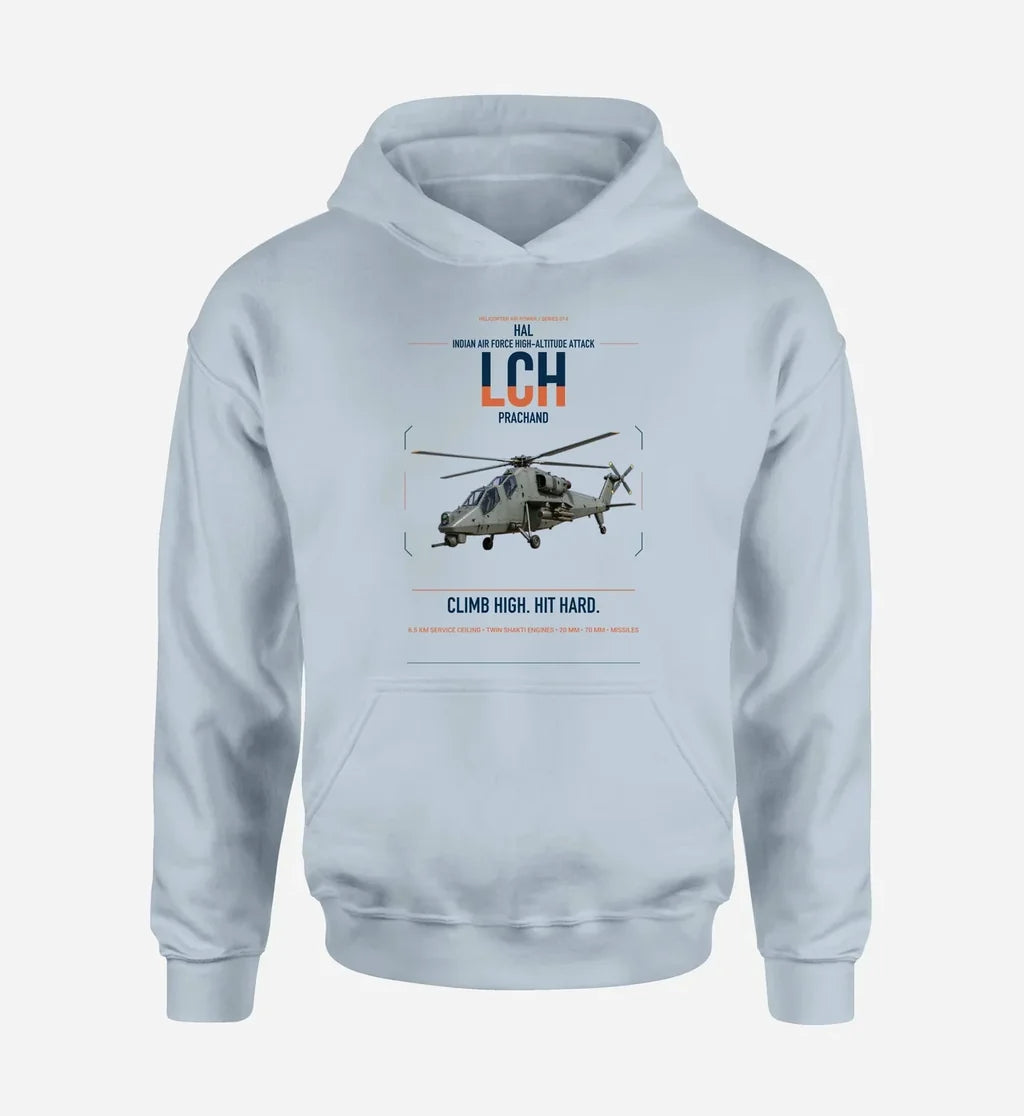 HAL LCH Prachand design on light blue double-side hoodie, single-side print