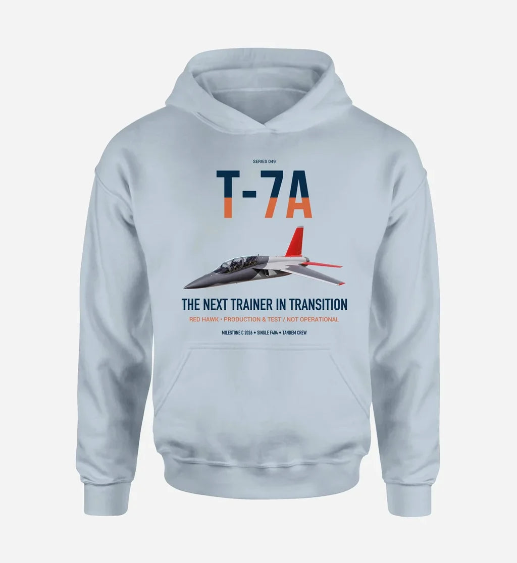 T-7A Red Hawk design on light blue double-side hoodie, single-side print