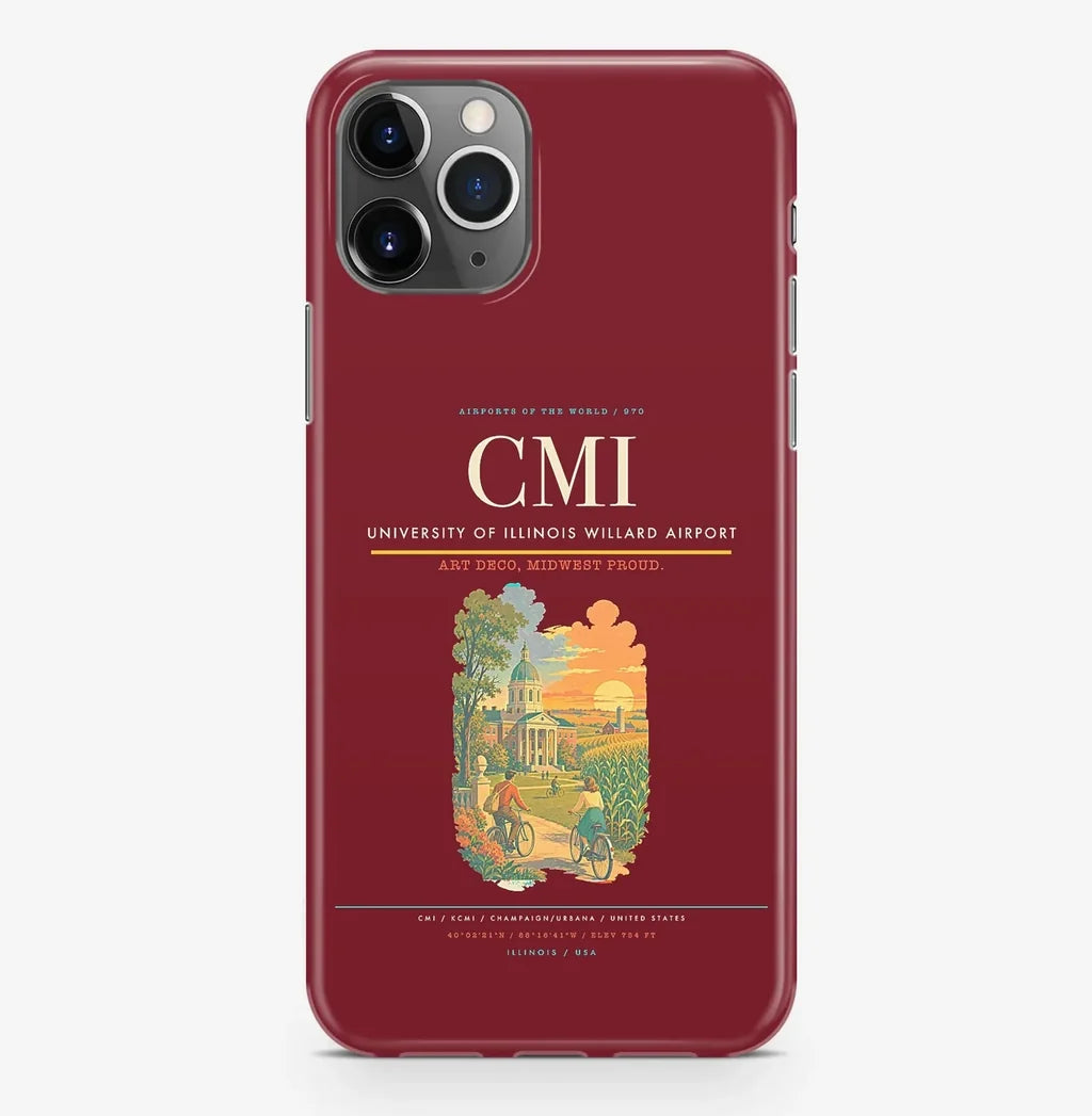 Champaign/Urbana Airport (CMI) design on dark red iPhone 16 Pro MagSafe case