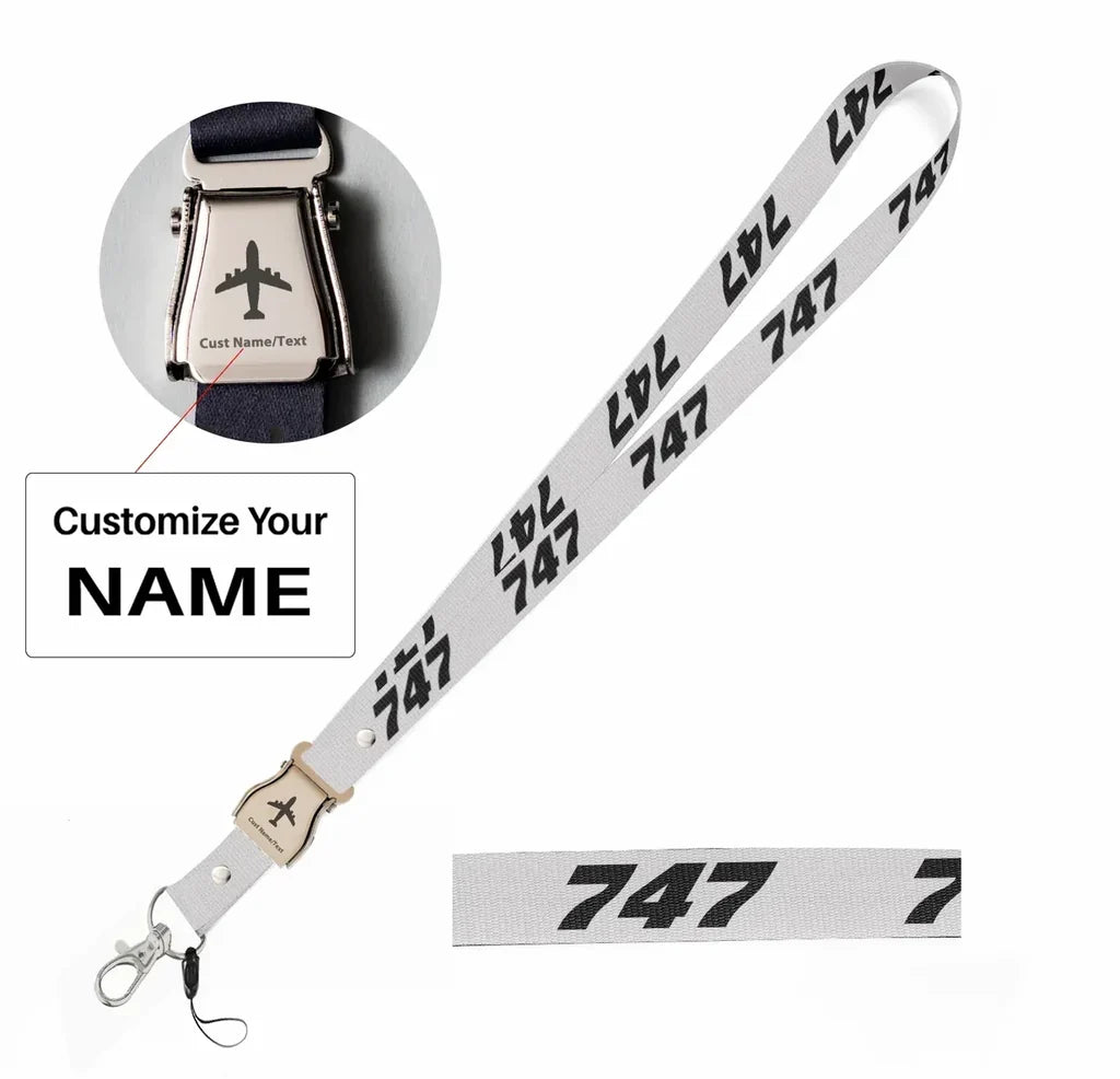 Boeing 747 Flat Text seat belt lanyard - white with name