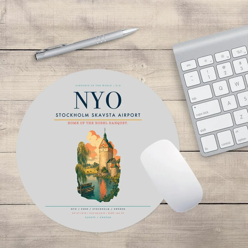 Stockholm Skavsta Airport (NYO) design on light gray round mouse pad