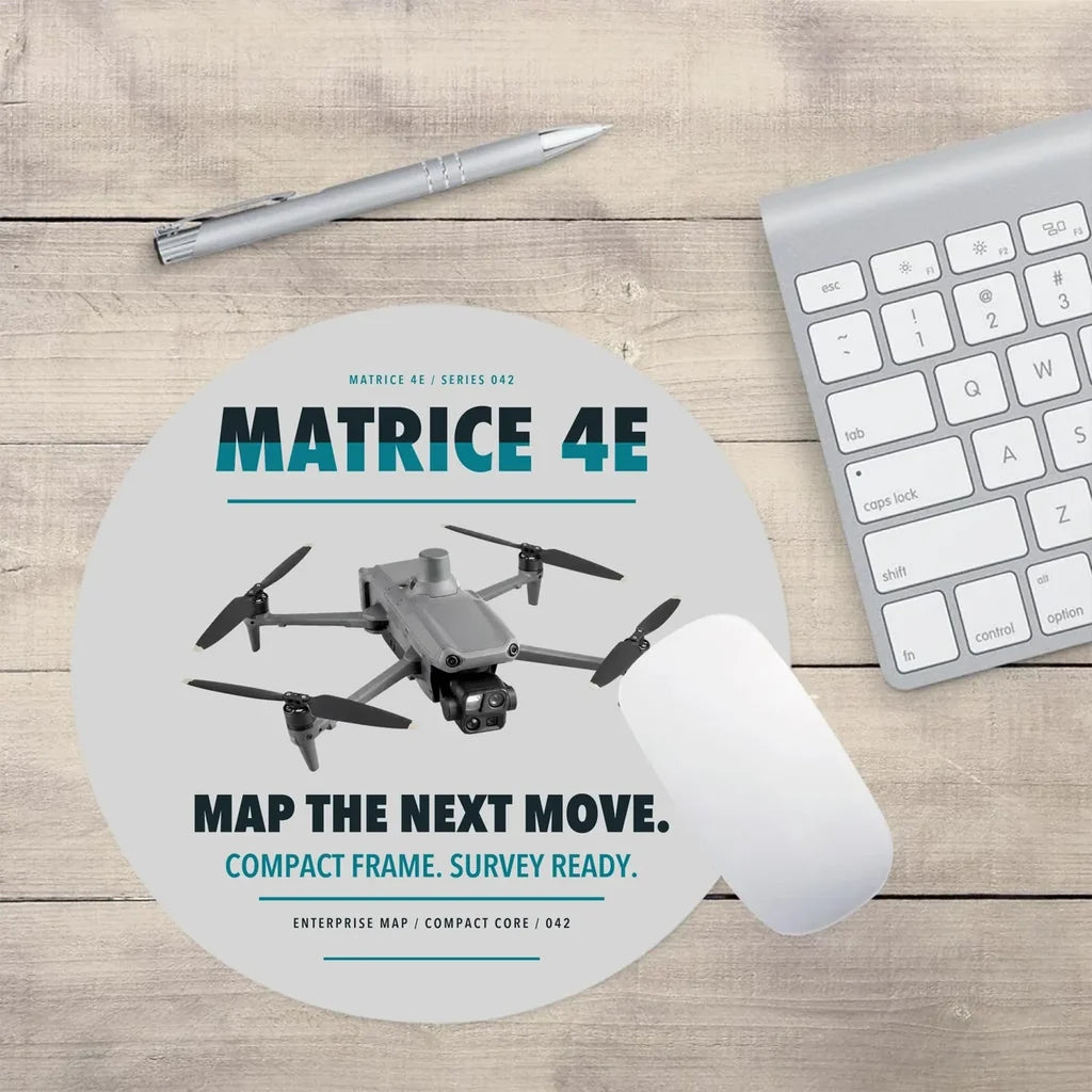 DJI Matrice 4E design on light gray round mouse pad