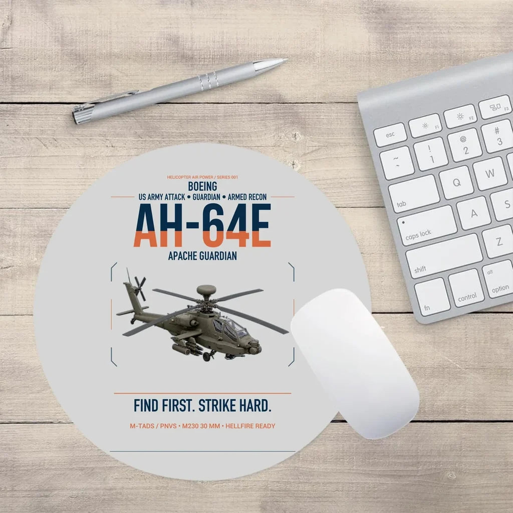 Boeing AH-64E Apache Guardian design on light gray round mouse pad