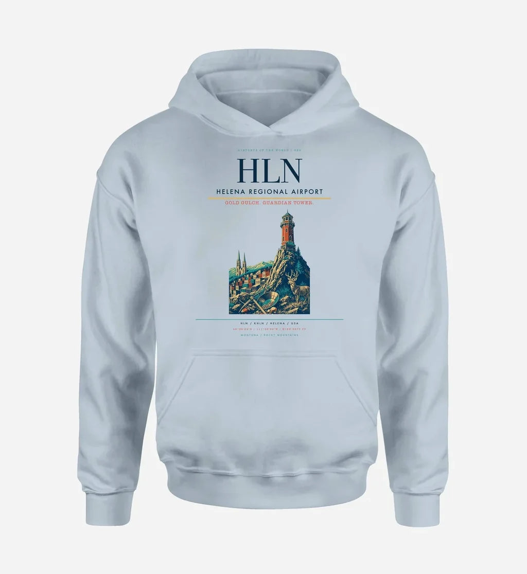 Helena Regional Airport (HLN) design on light blue hoodie single-side print