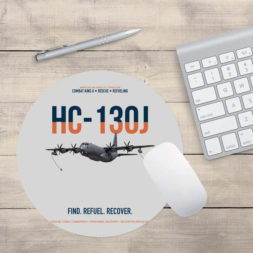 HC-130J COMBAT KING II design on light gray round mouse pad