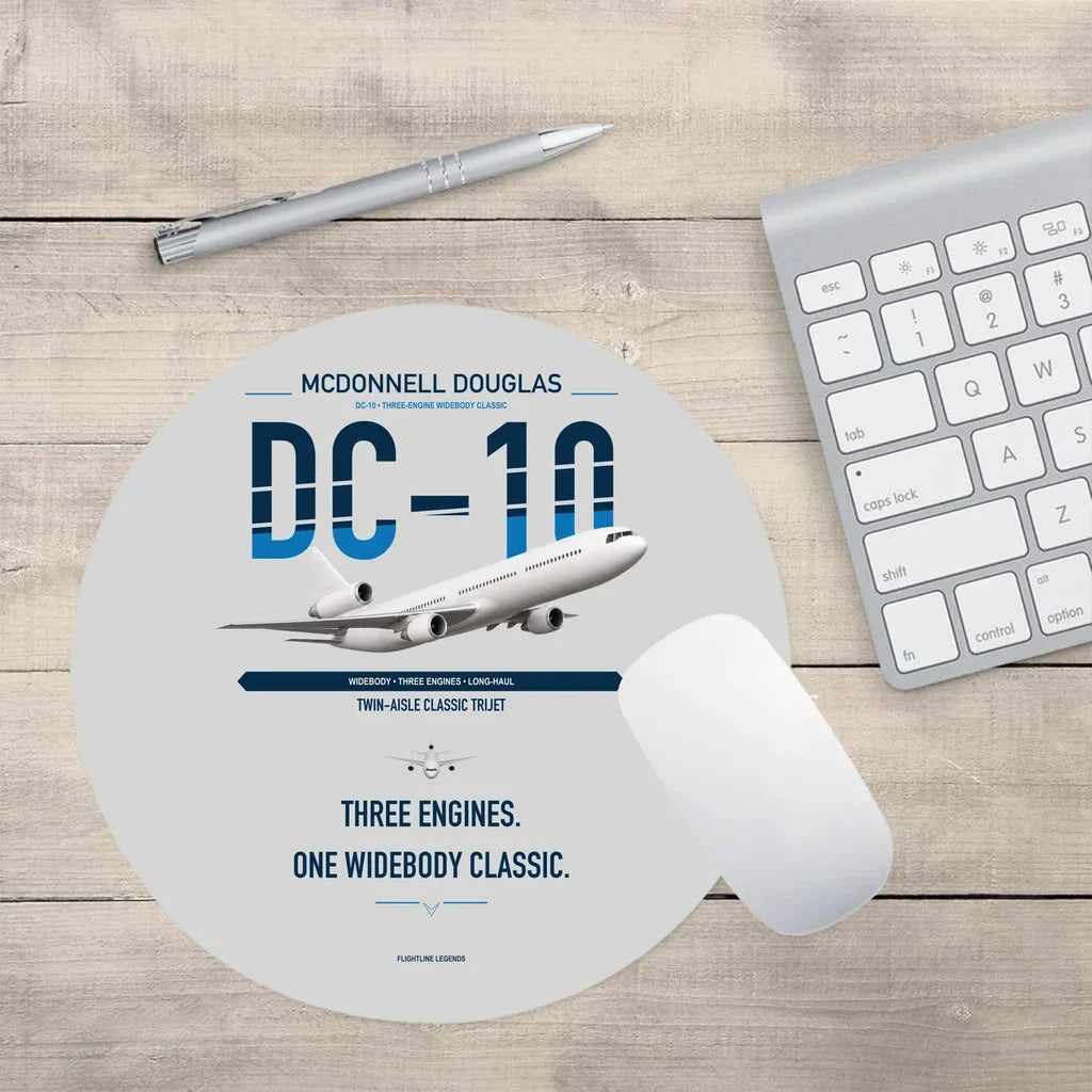 McDonnell Douglas DC-10 design on light gray round mouse pad
