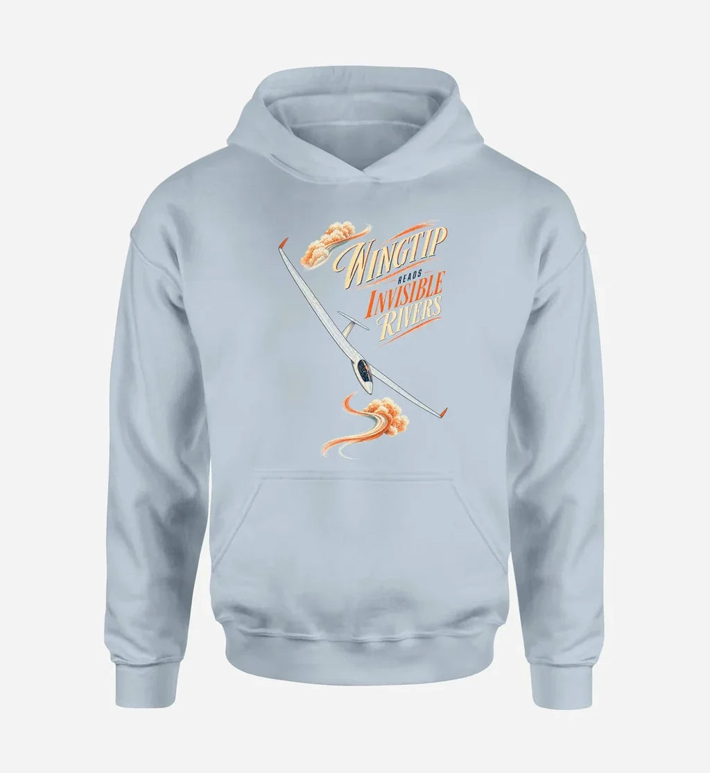 SIGNAL 588 - Wingtip Reads Invisible Rivers design on light blue hoodie single side