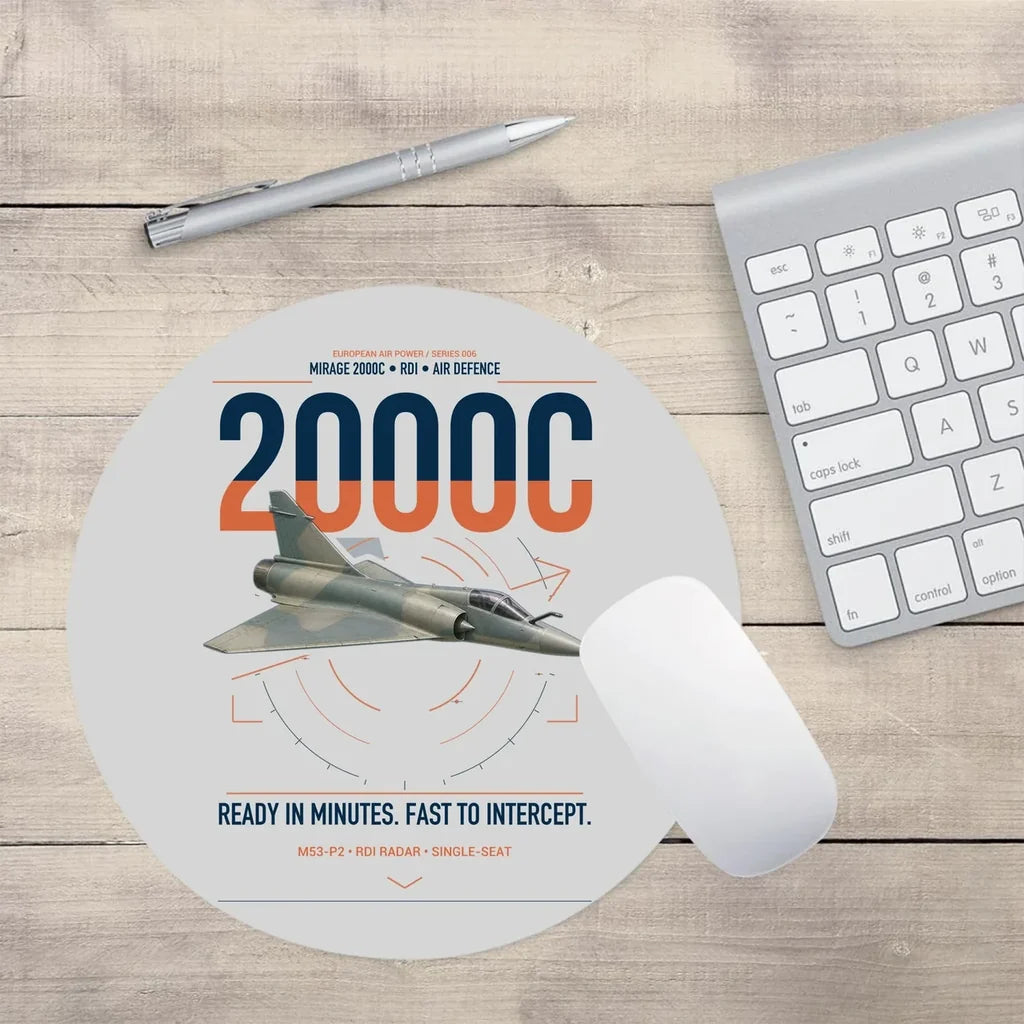 Dassault Mirage 2000C RDI design on light gray round mouse pad
