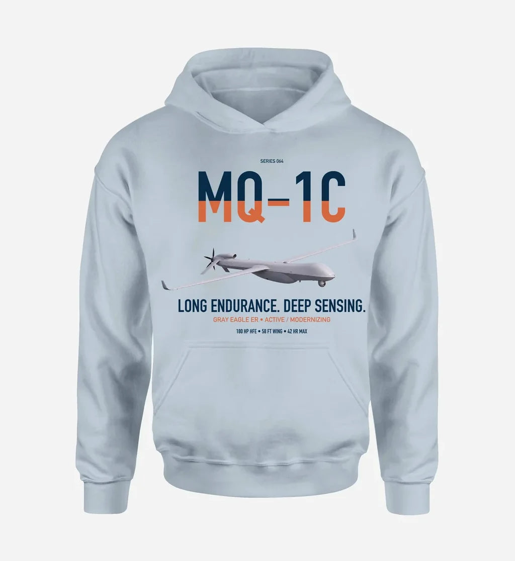 MQ-1C Gray Eagle ER design on light blue double-side hoodie, single-side print