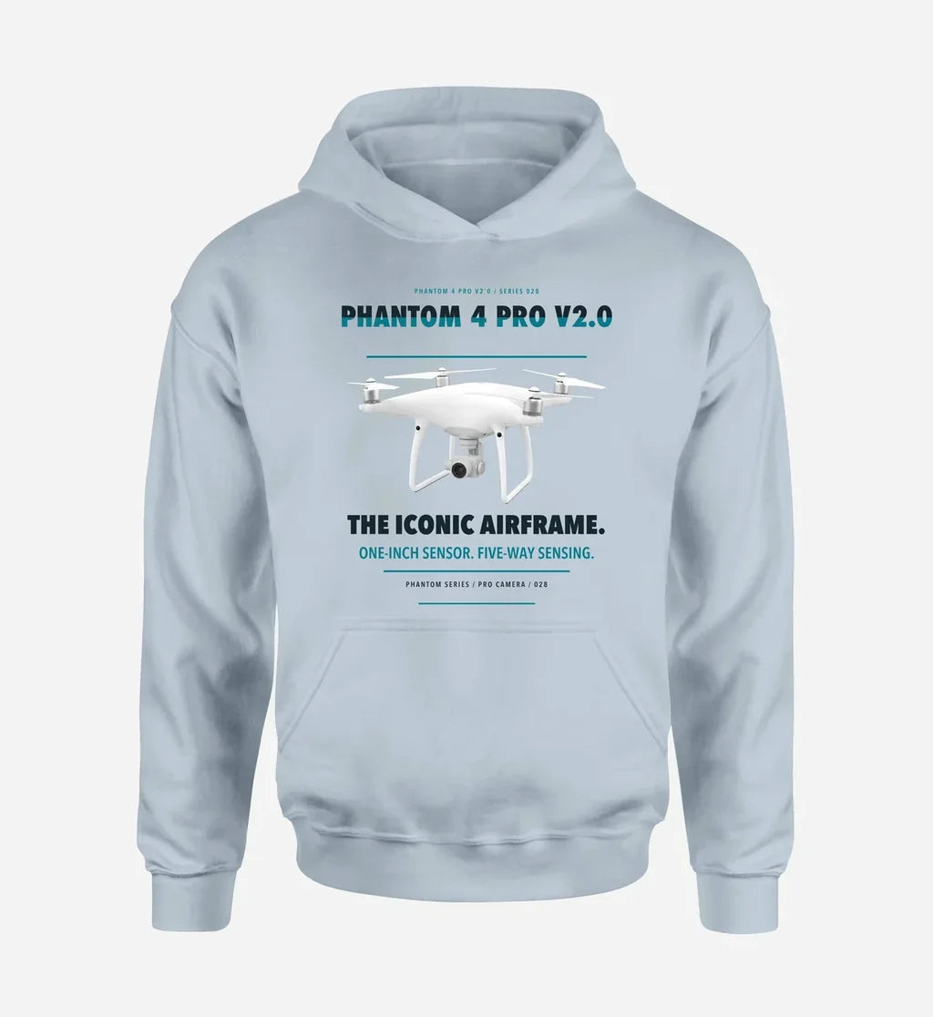DJI Phantom 4 Pro V2.0 design on light blue hoodie single side