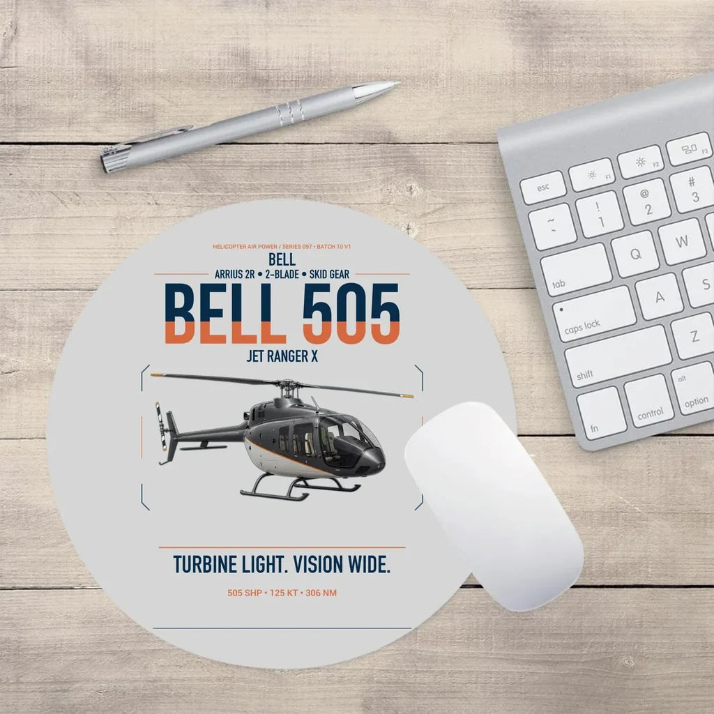 Bell 505 Jet Ranger X design on light gray round mouse pad