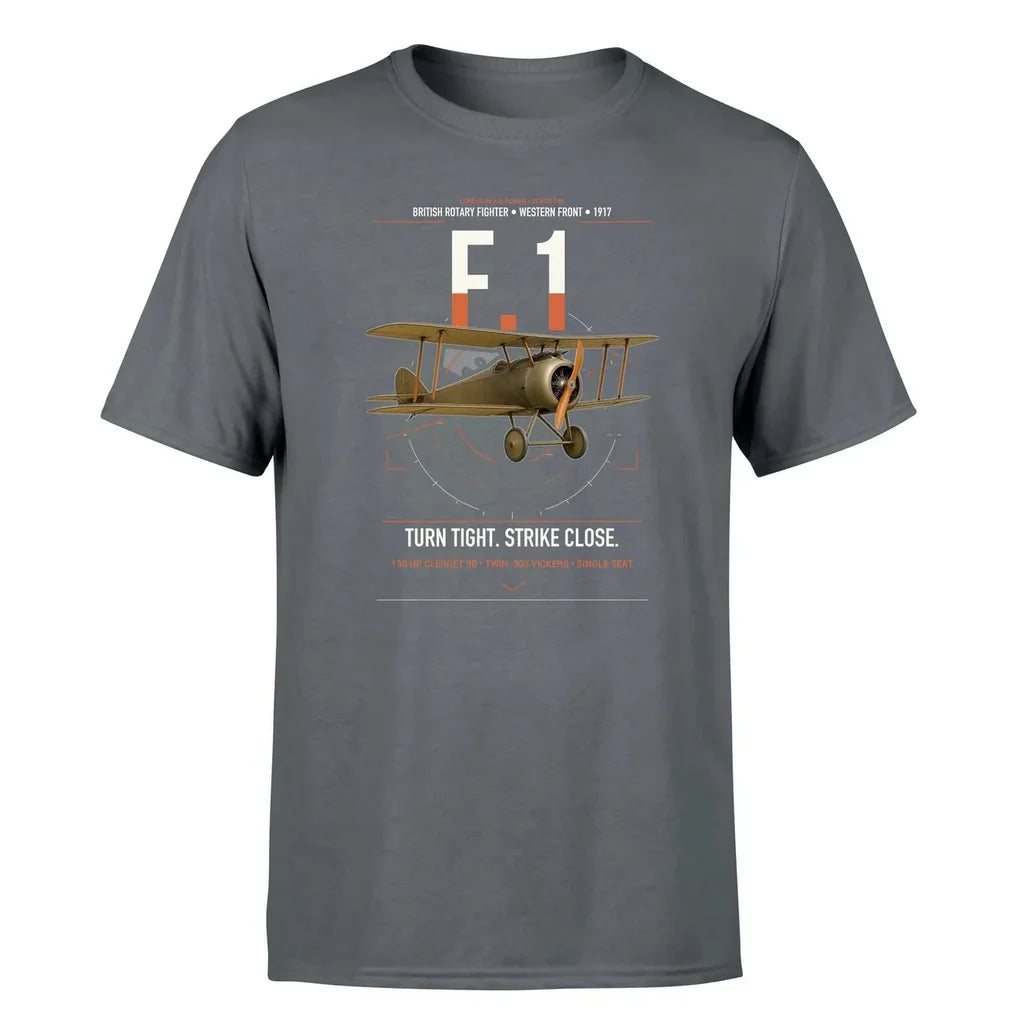 Sopwith Camel F.1 design on gray t-shirt, single-side print