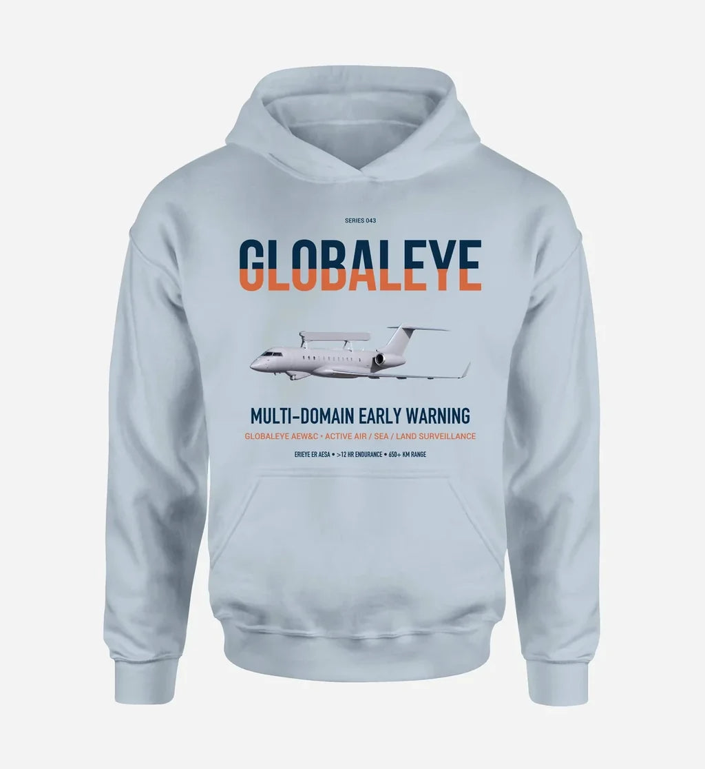 Saab GlobalEye design on light blue double-side hoodie, single-side print