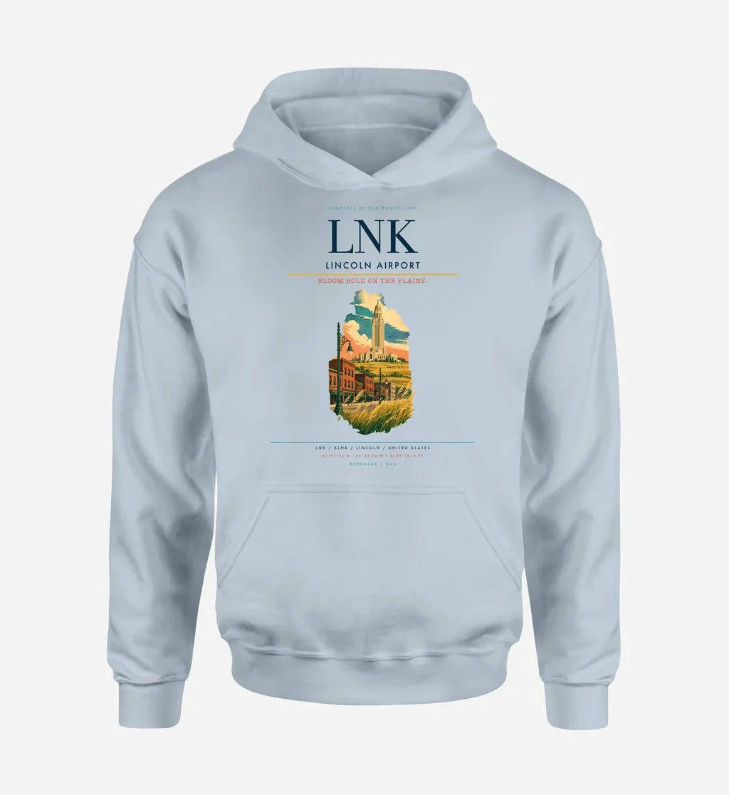 Lincoln Airport (LNK) design on light blue hoodie single-side print