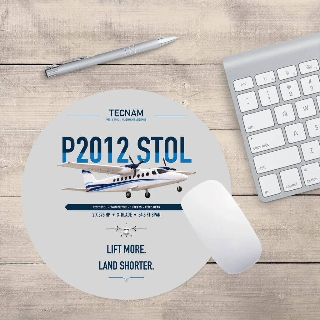 Tecnam P2012 STOL design on light gray round mouse pad