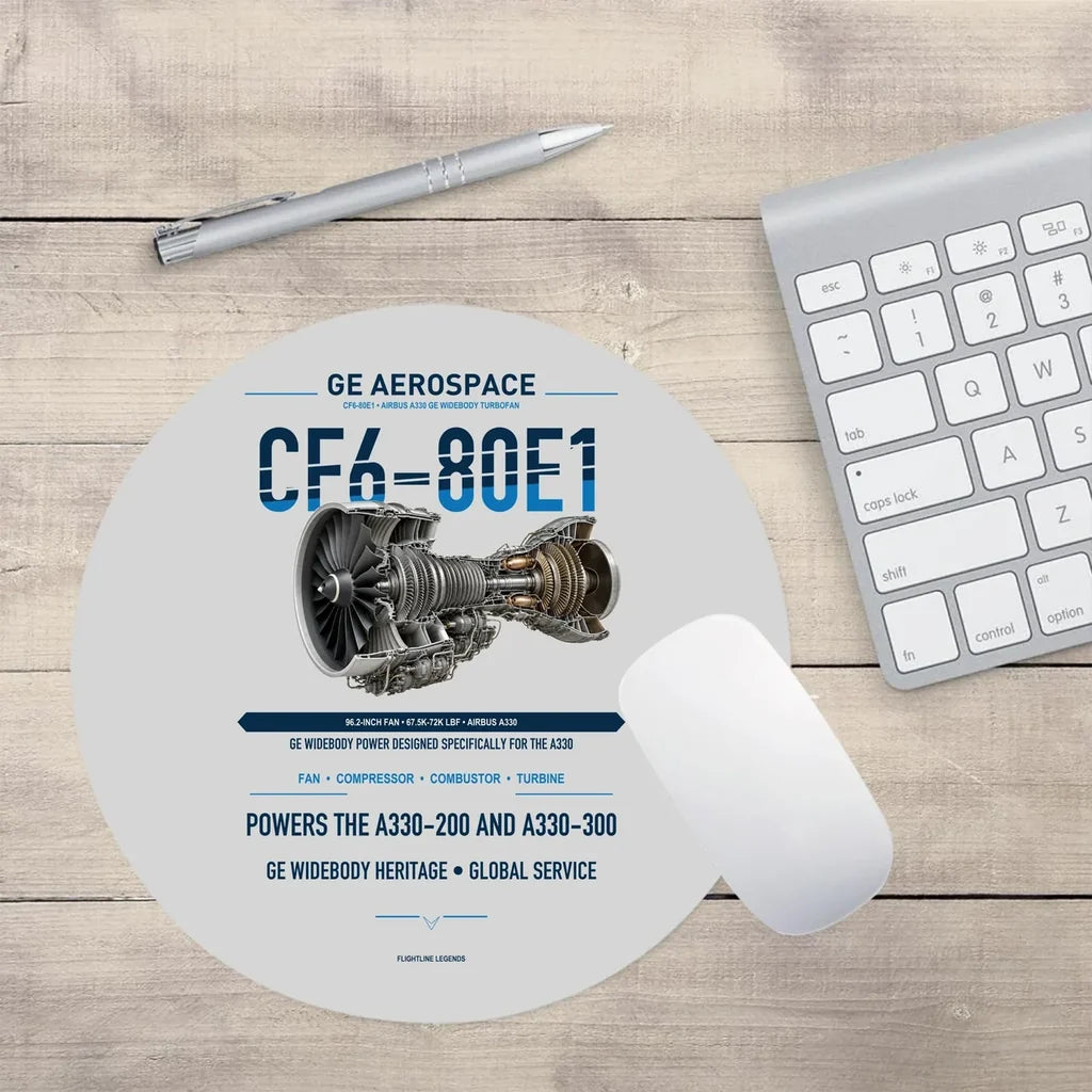 CF6-80E1 design on light gray round mouse pad