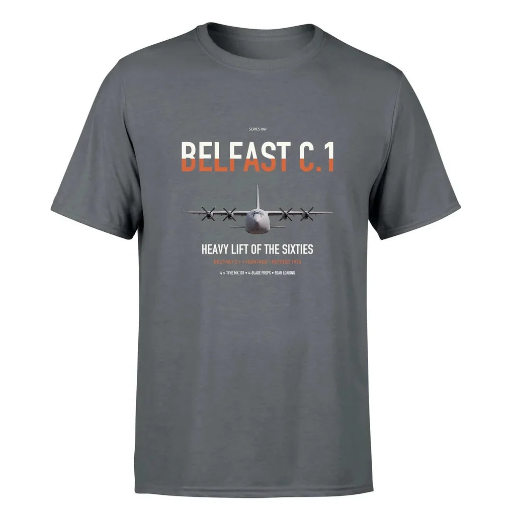 Short Belfast C.1 design on gray double-side t-shirt, single-side print