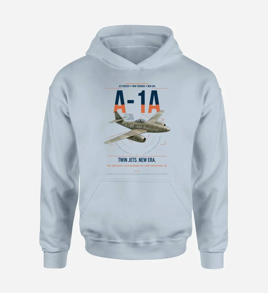 Messerschmitt Me 262A-1a design on light blue double-side hoodie, single-side print