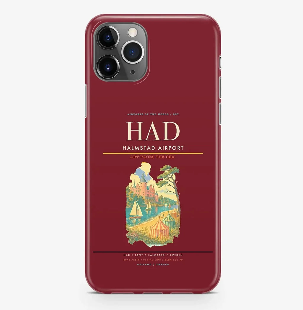 Halmstad Airport (HAD) design on dark red iPhone 16 Pro MagSafe case
