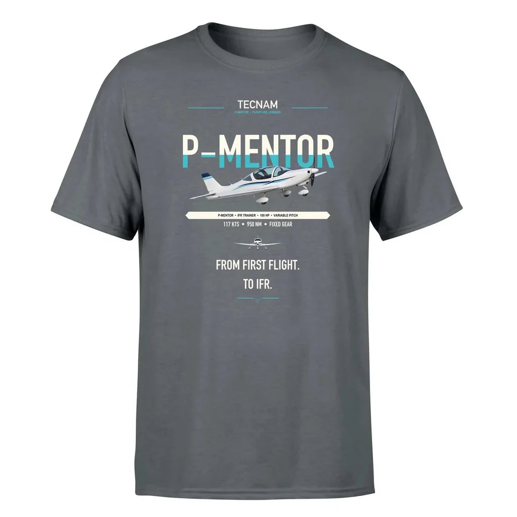 Tecnam P-Mentor design on gray t-shirt, single-side print