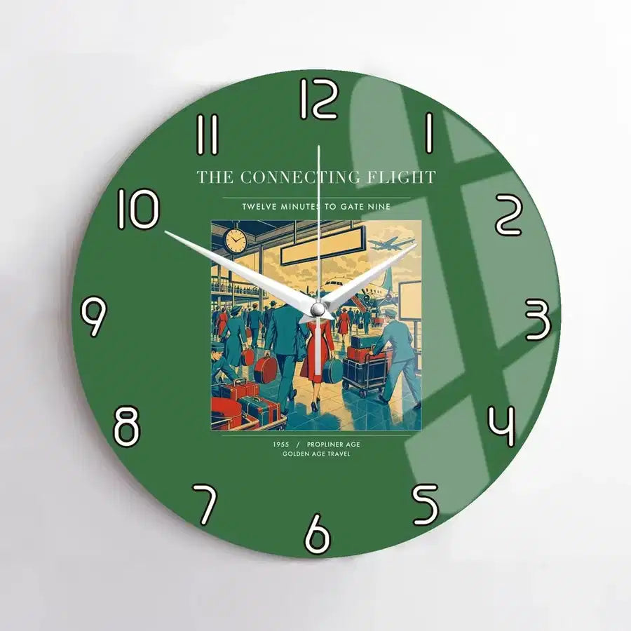 VINTAGE G4088 - The Connecting Flight - Designed Wall Clocks design on green no-frame
