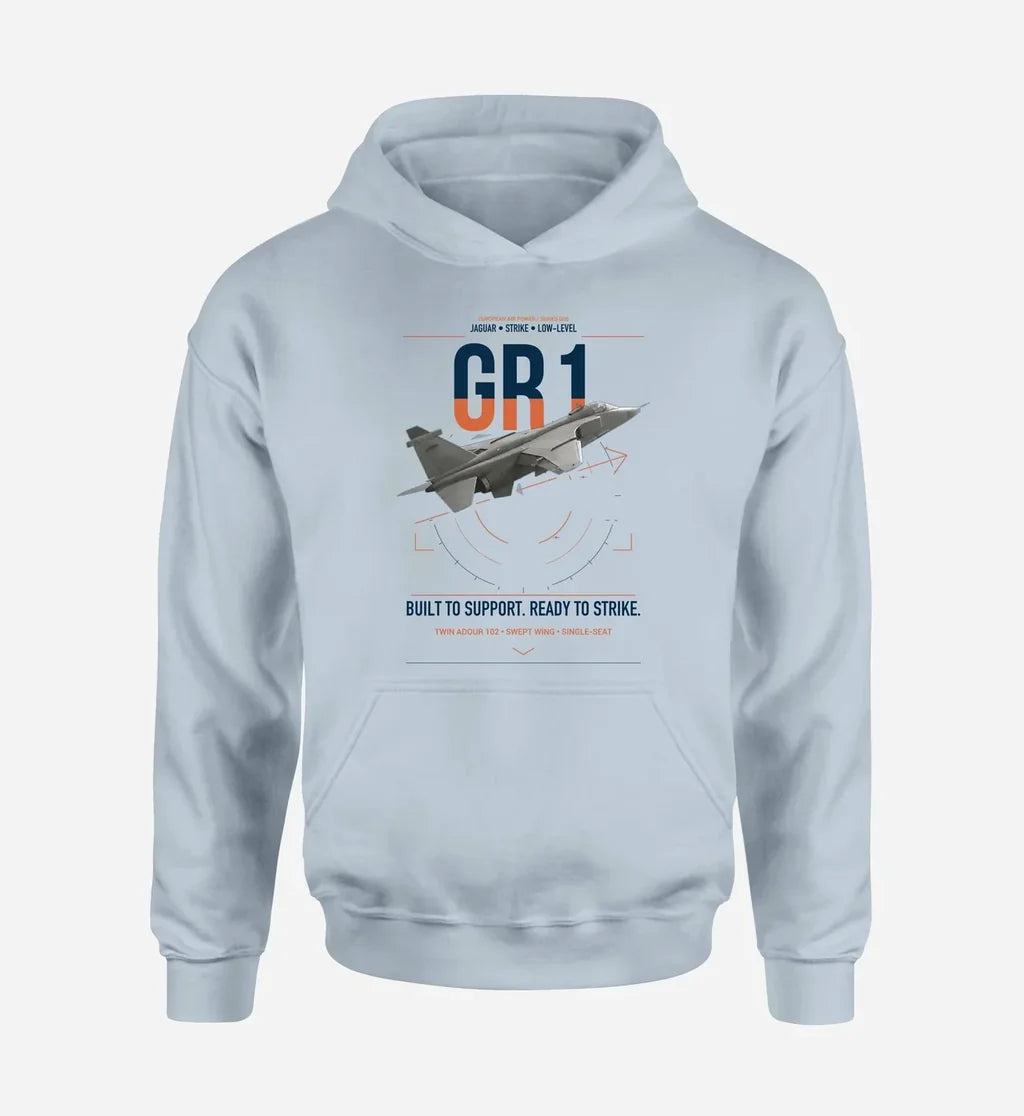SEPECAT Jaguar GR1 design on light blue double-side hoodie, single-side print