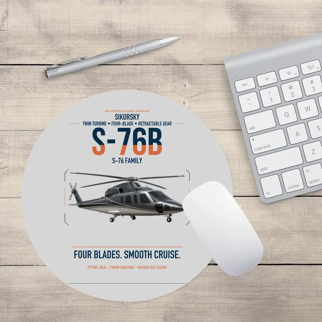Sikorsky S-76B design on light gray round mouse pad