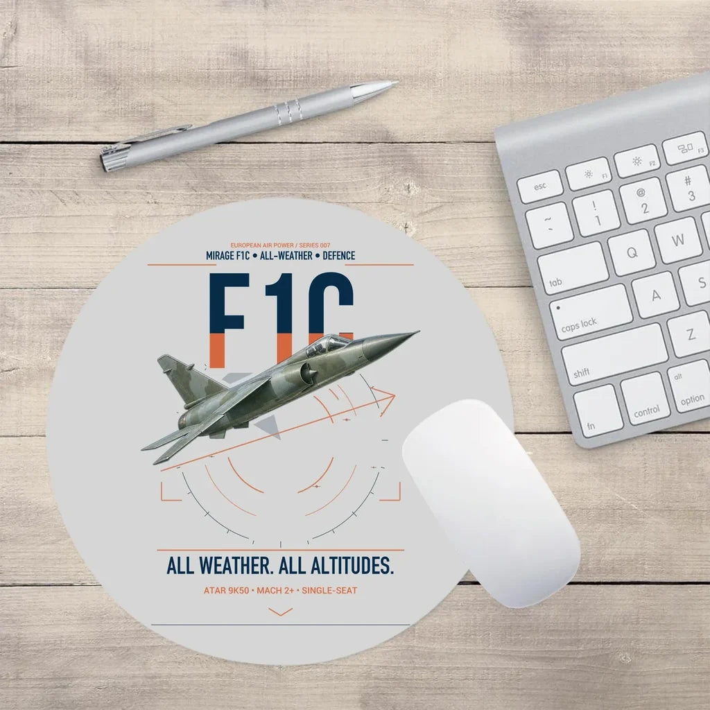 Dassault Mirage F1C design on light gray round mouse pad