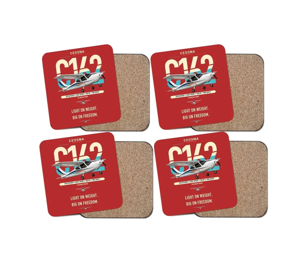 Cessna 162 Skycatcher design on red 4 pieces set coaster