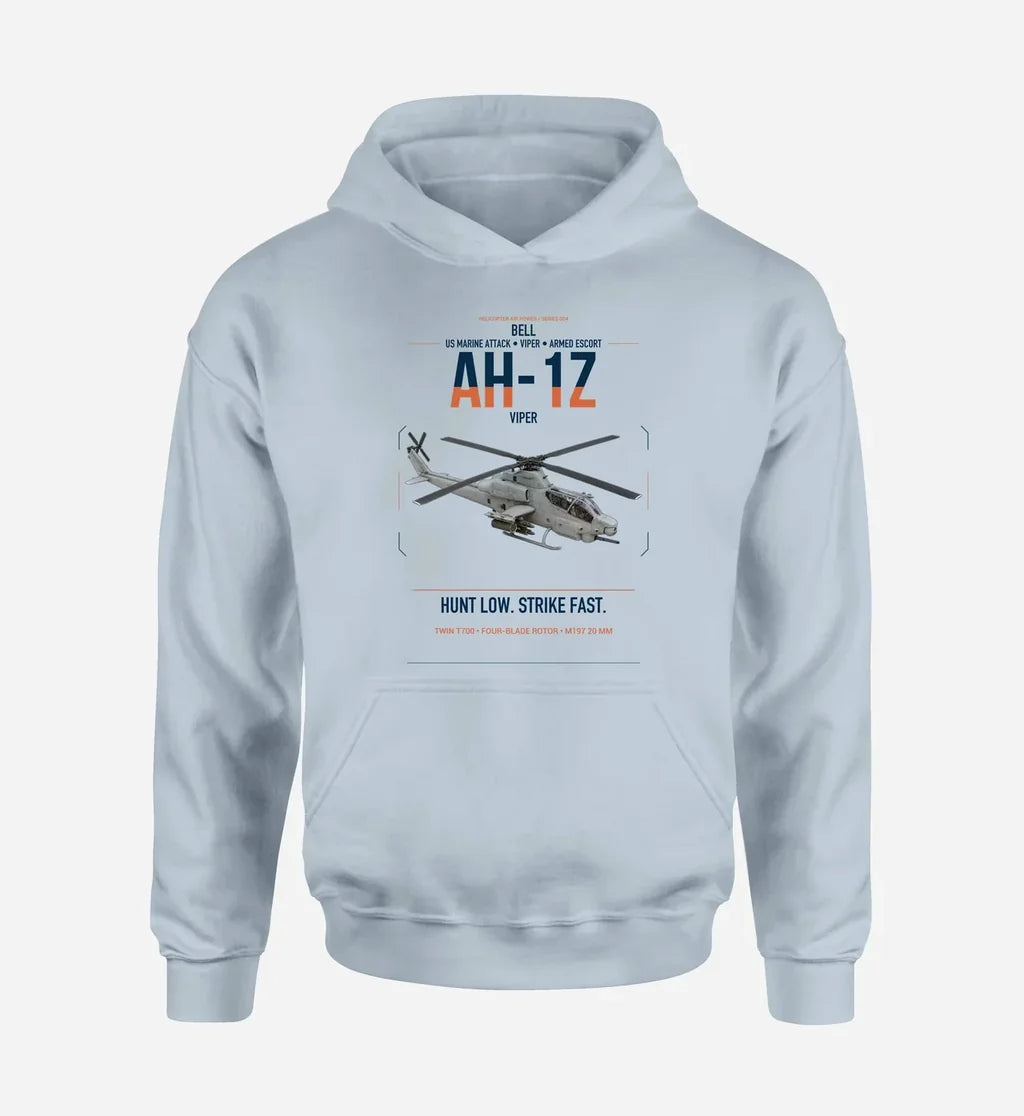 Bell AH-1Z Viper design on light blue double-side hoodie, single-side print