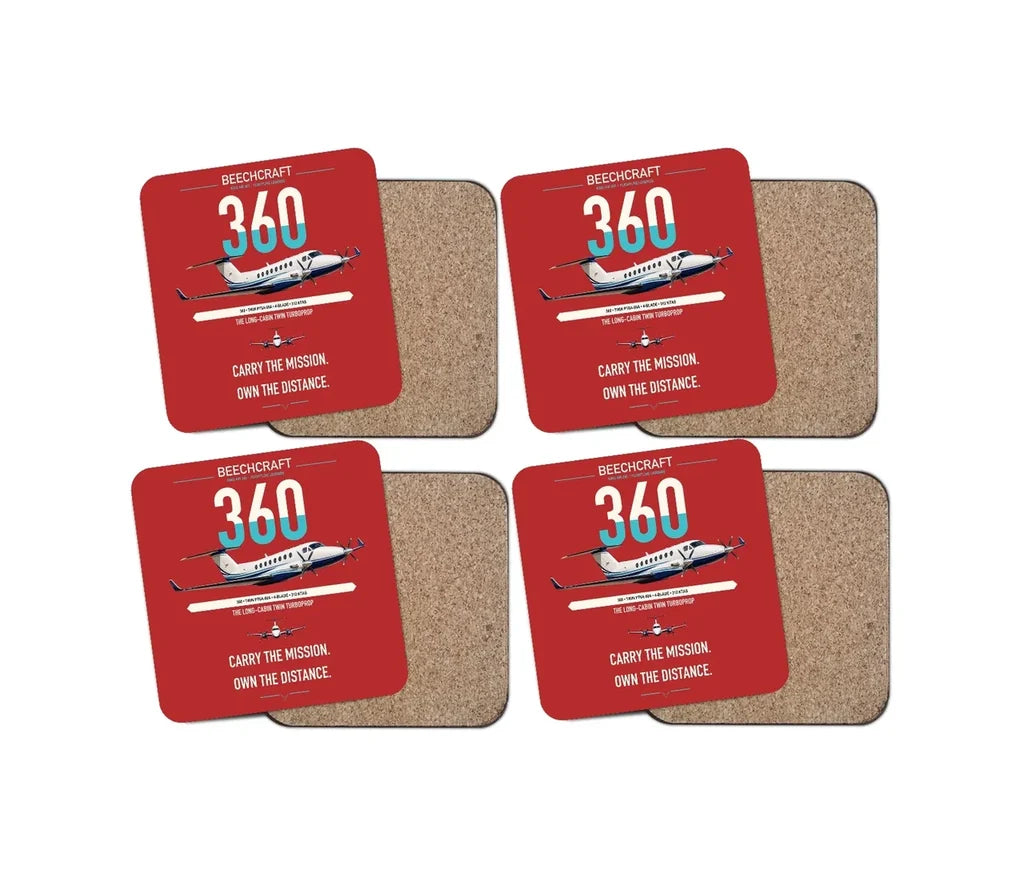 Beechcraft King Air 360 design on red 4 pieces set coaster