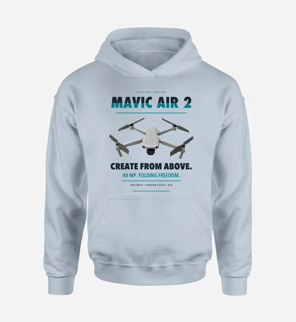 DJI Mavic Air 2 design on light blue hoodie single side