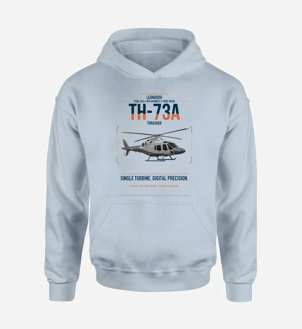 Leonardo TH-73A Thrasher design on light blue double-side hoodie, single-side print