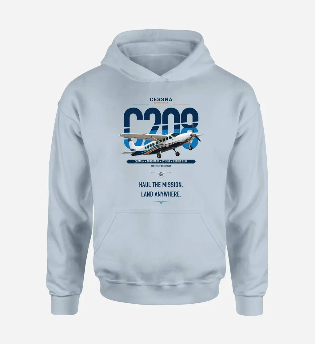 Cessna 208 Caravan design on light blue double-side hoodie, single-side print