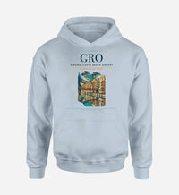Thumbnail for Girona–Costa Brava Airport (GRO) design on light blue hoodie single-side print