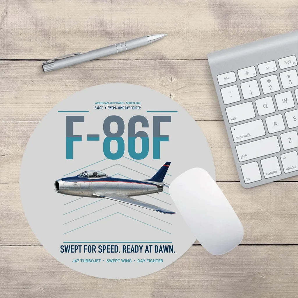 F-86F Sabre design on light gray round mouse pad