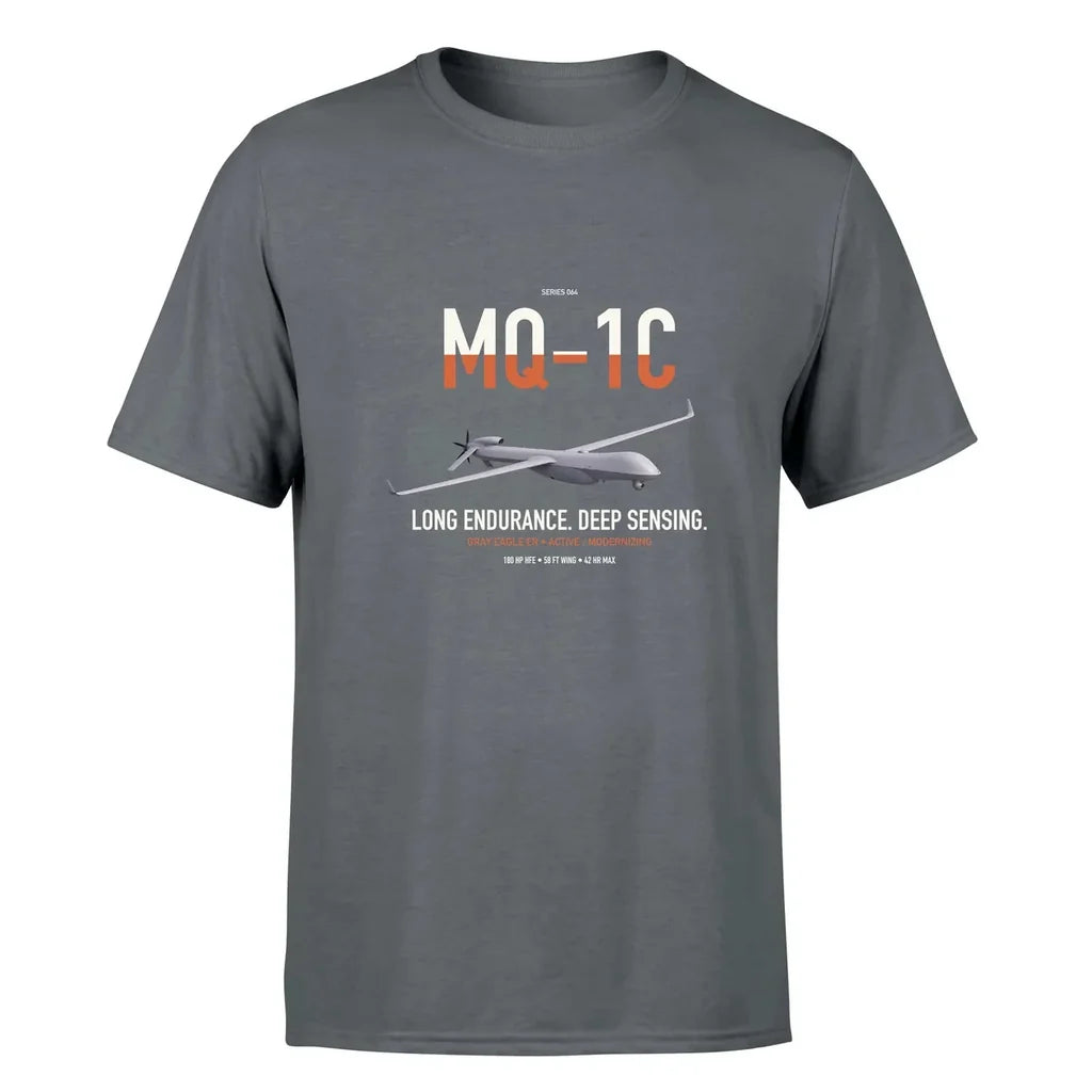MQ-1C Gray Eagle ER design on gray double-side t-shirt, single-side print
