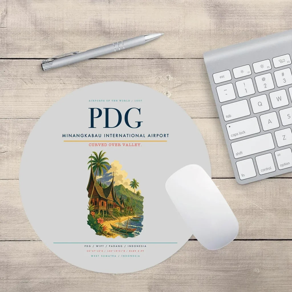 Minangkabau International Airport (PDG) design on light gray round mouse pad
