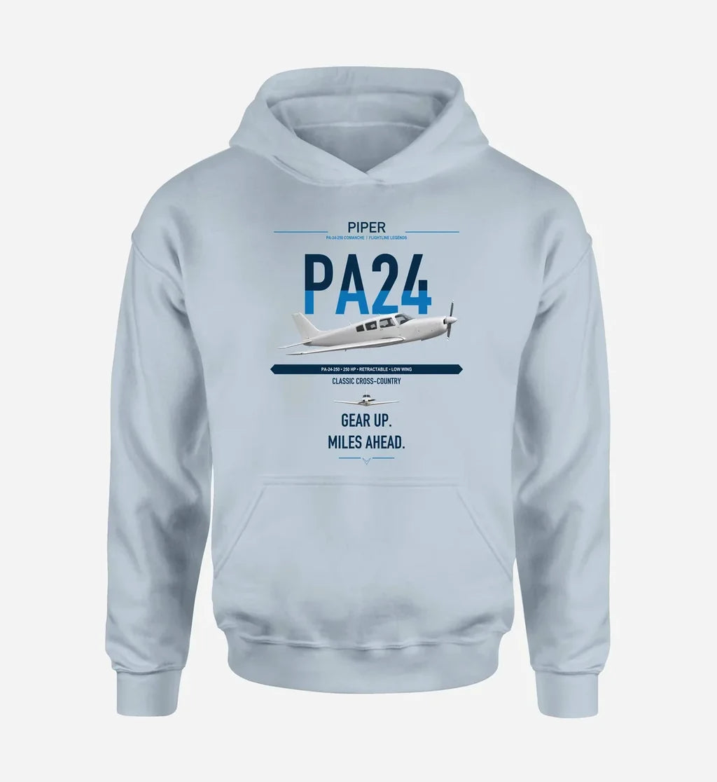 Piper PA-24-250 Comanche 250 design on light blue double-side hoodie, single-side print