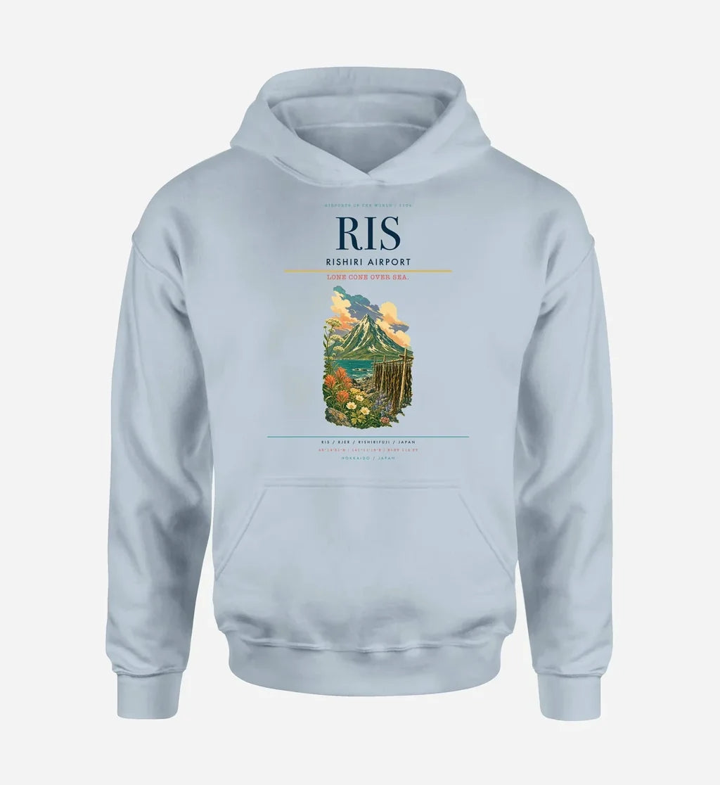 Rishiri Airport (RIS) design on light blue hoodie single-side print