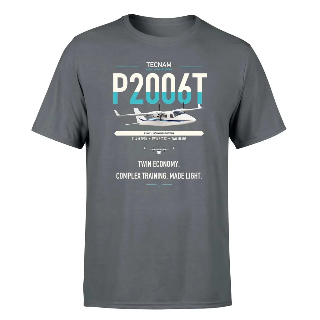 Tecnam P2006T design on gray t-shirt, single-side print