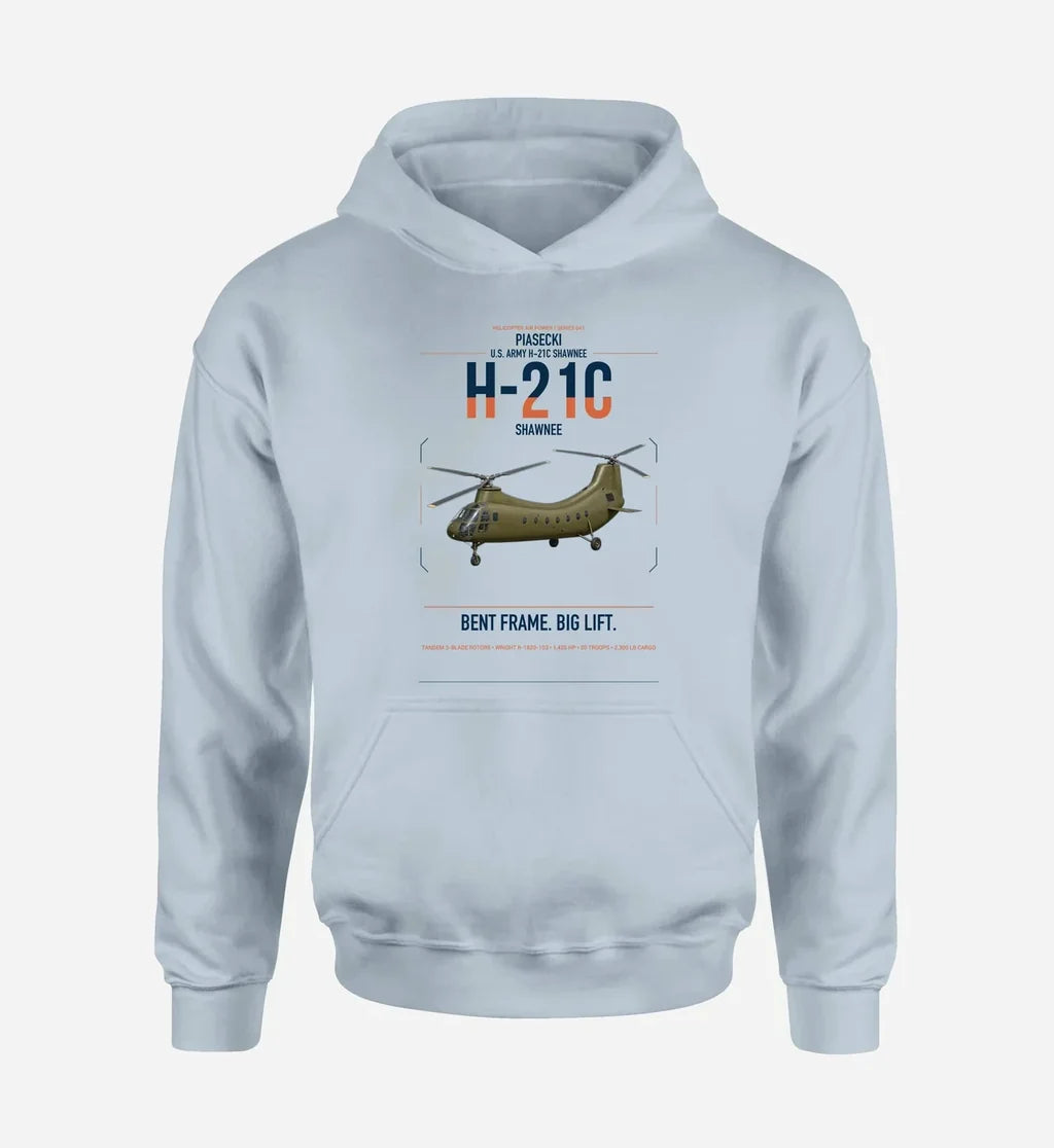 Piasecki H-21C Shawnee design on light blue double-side hoodie, single-side print