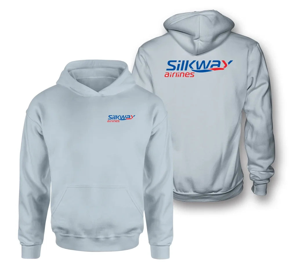 Silk Way West Airlines logo on light blue double side hoodie