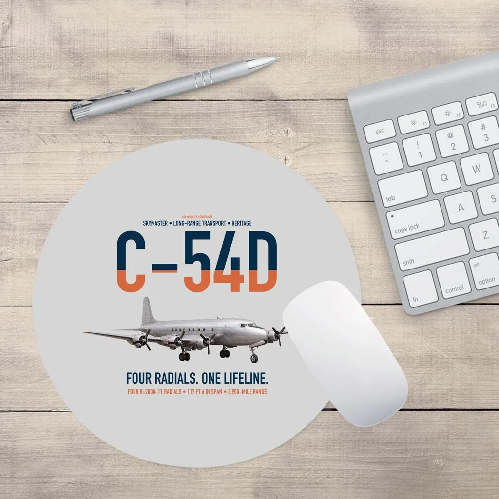 C-54D Skymaster design on light gray round mouse pad